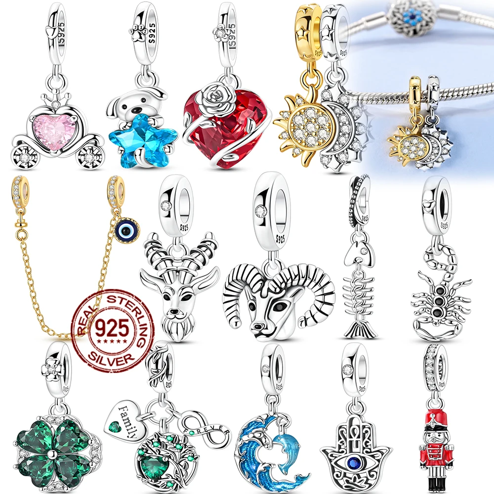 Neues 925er-Sterlingsilber, Zirkon, Sonne, Mond, Delfin, Kleeblatt, baumelnd, passend für Original-Charm-Anhänger, baumelnd, DIY-Frauen-Schmuck, Geschenk
