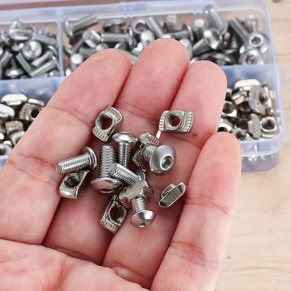200PCS T-type Nuts 304 Stainless Steel Round Head Hexagon Socket Bolts M4 M5 Nuts +2 Wrenches Screw and Nuts Sets Fasteners