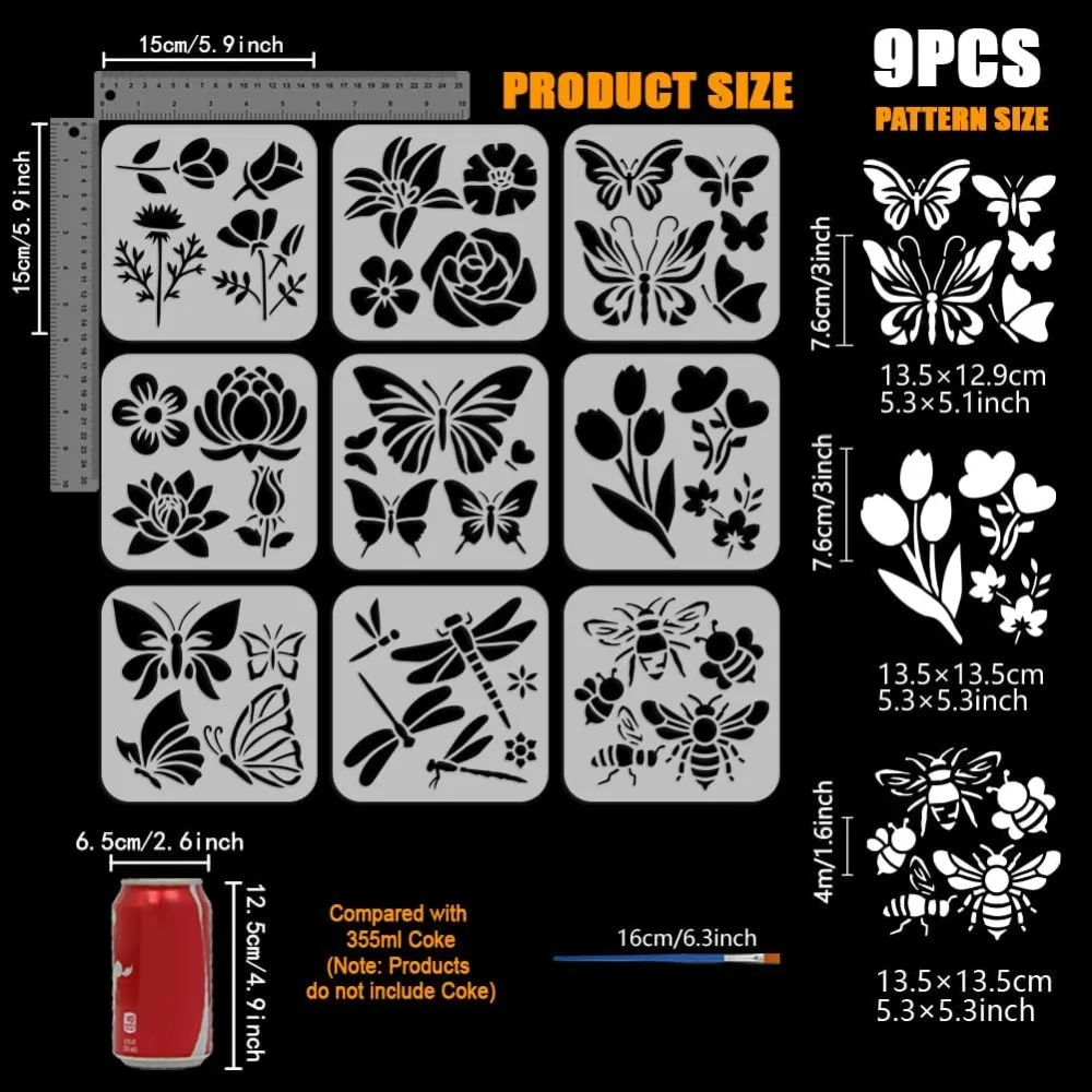 9 Pcs Flowers Painting Stencil with Brush 5.9x5.9inch Butterflies Bees Dragonflies Drawing Template Roses Lilies Tulips