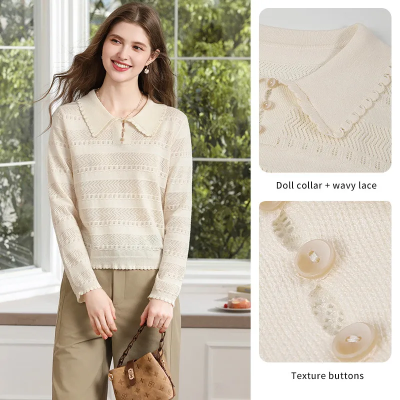 I BELIEVE YOU Women's Apricot Wool Knit Sweater 2026 Autumn Doll Collar Hollow Out Tops Elegant Long Sleeve Knitwear 2263146572