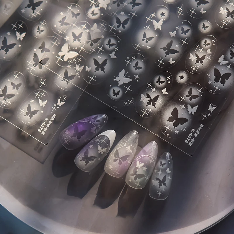 **White Butterfly Silver Hollowed Halo Dyeing Smudging Flower Embossed Nail Art Stickers Manicure Decals