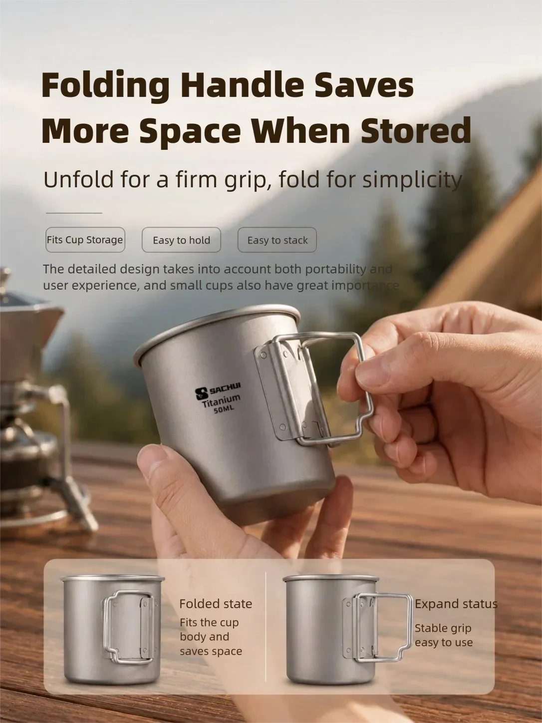 50ml Reiner Titan Mini Outdoor Ultraleichter Tragbarer Tee-Kaffeebecher mit Klappgriff Camping-Wasserbecher Wander-Reise-Geschirr – Detail 5