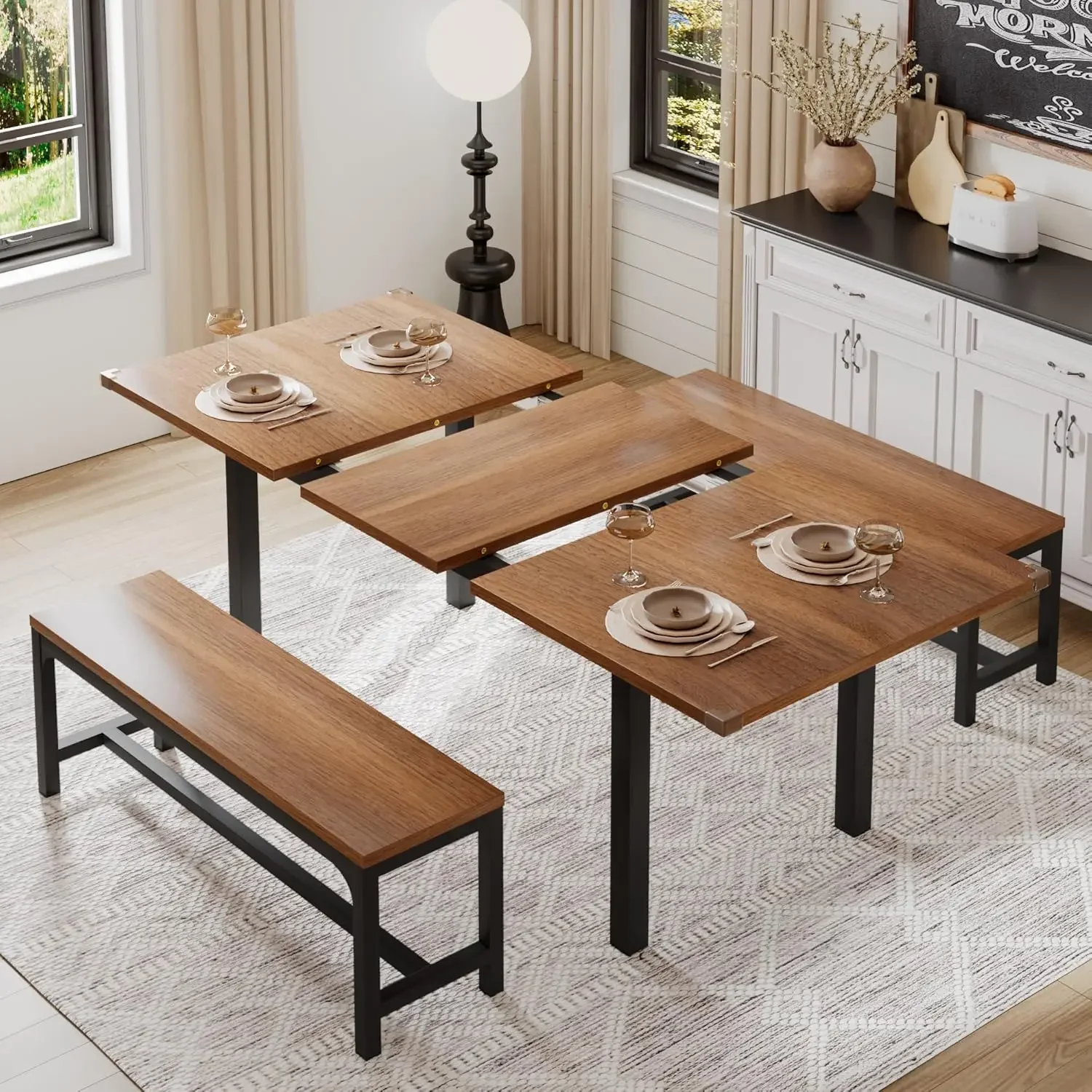 Dining Table for 4-6, Extendable Dining Room Table with 2 Benches, Modern Kitchen Table Set for Small Space, Easy Clean, Walnut