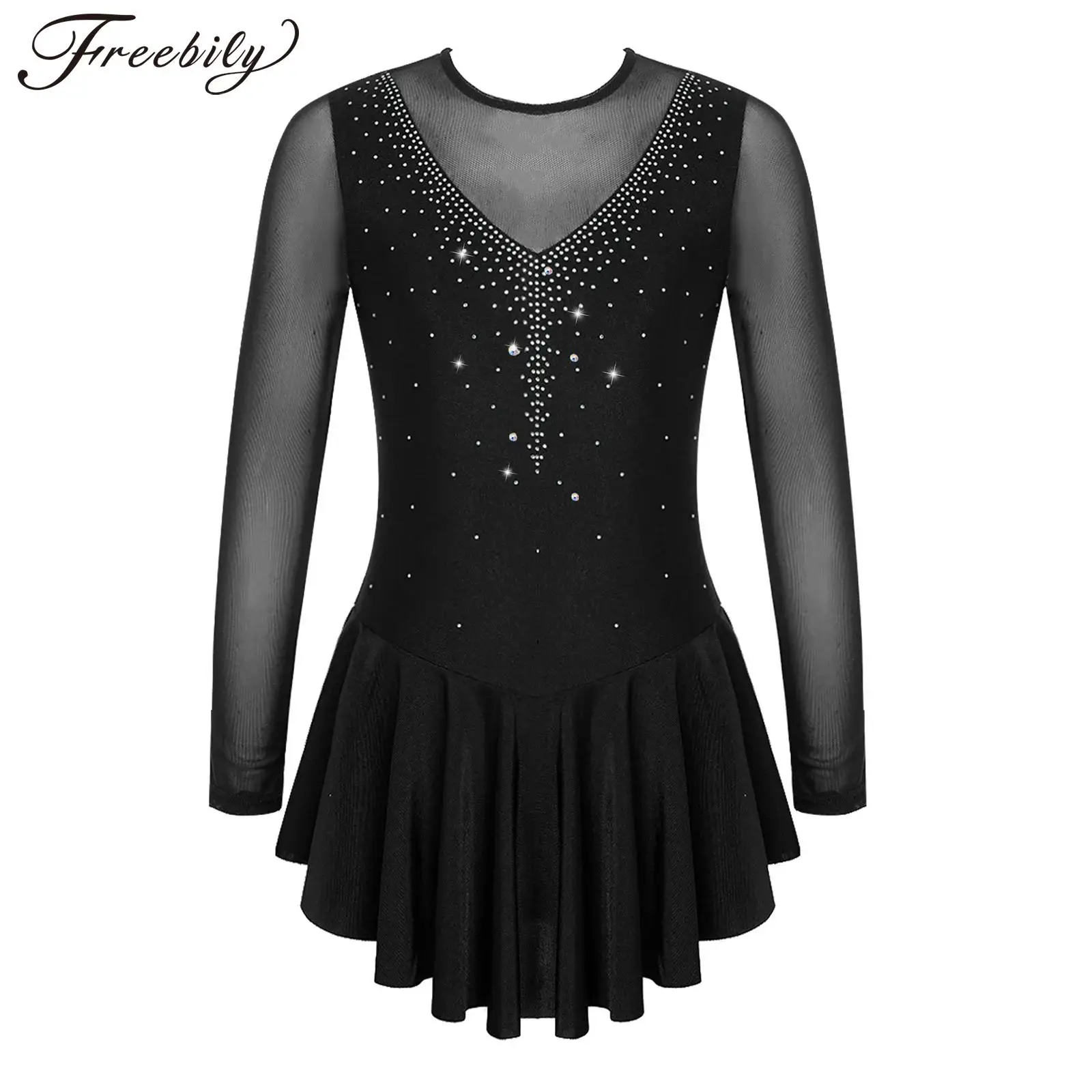 

Children's Rhinestone Figure Skating Dress Kids Girls Mesh Splice Ballet Gymnastics Leotards Dresses Stage Performance Dancewear