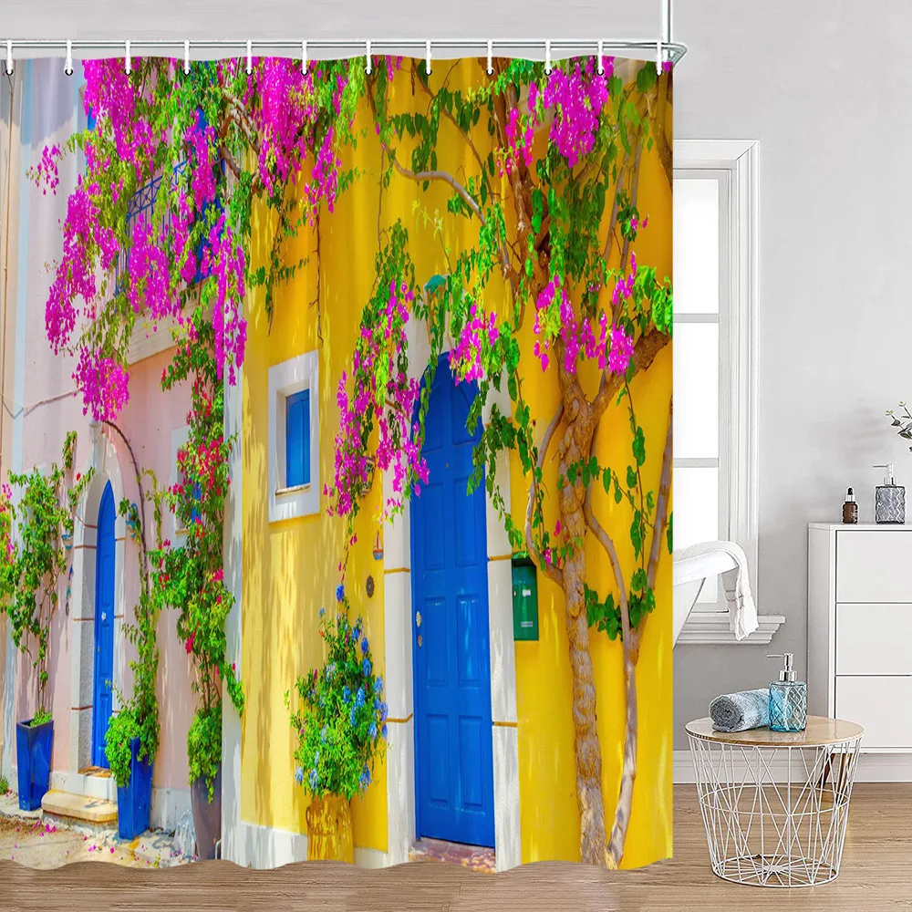 Meditterean Street View Shower Curtains Green Vines Windowsill Plants Bathroom Decorations European Scenery Vintage Bath Curtain