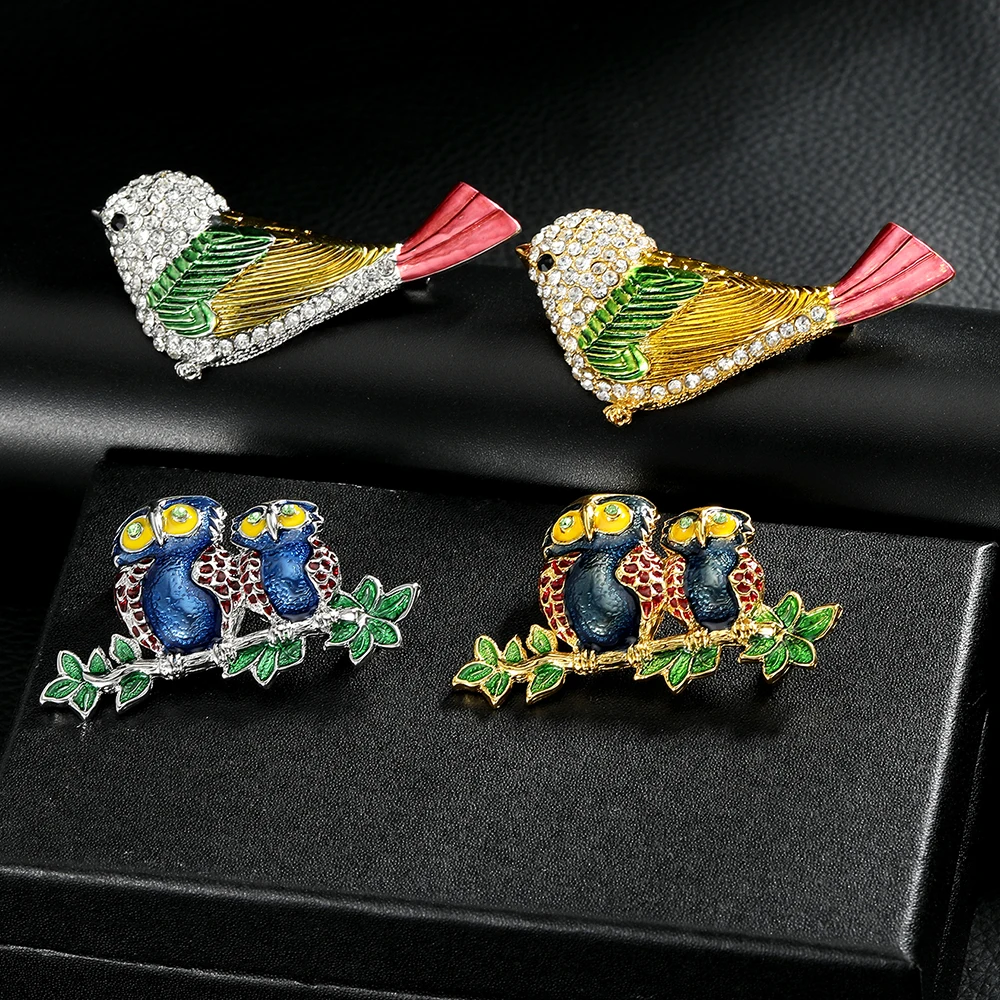 Funny Luxury Bird Crystal Lapel Pins Colorful Enamel Magpies Owls Thrushes Peacocks Shaped Brooches For Women Jewelry
