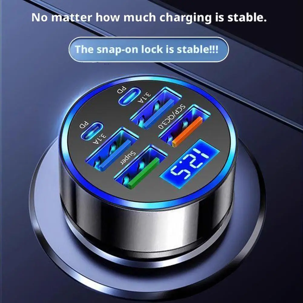 6IN1 Car Cigarette Lighter Plug Car Phone Charger Flash Charge with Digital Display Type C PD QC3.0 USB Fast Charging Adapter
