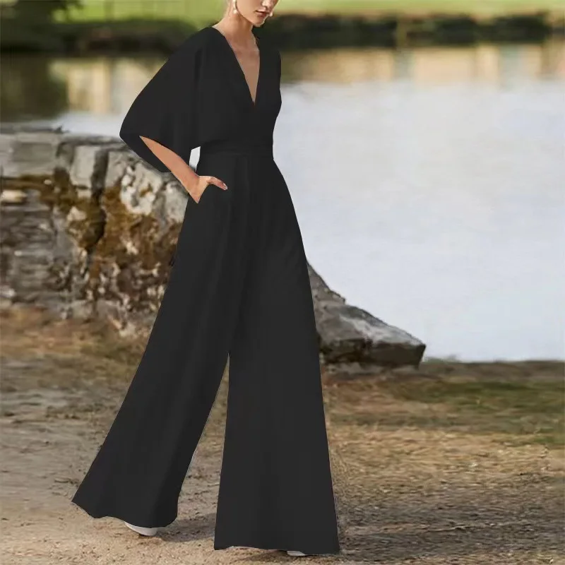 

2025 Spring and Summer Solid Color Fashion New Chinese Style Jumpsuit with Inclined Collar, Mid-Waist, Elegant Office Jumpsuit