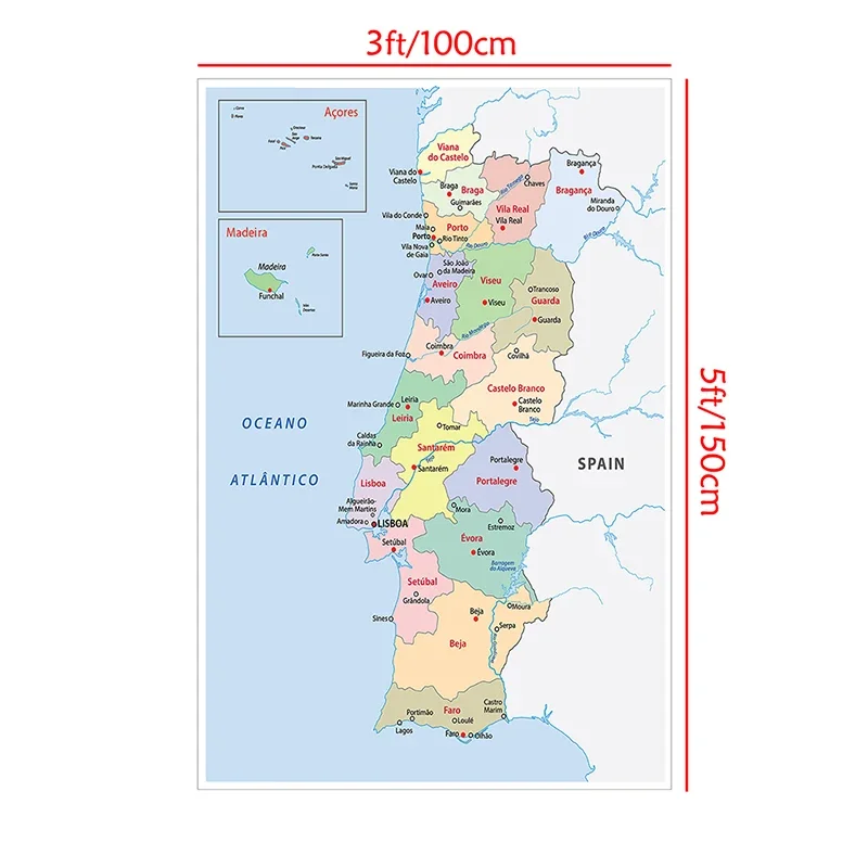 100*150 سنتيمتر البرتغال خريطة الإدارية باللغة البرتغالية جدار خريطة الزخرفية غير المنسوجة قماش اللوحة ديكور المنزل اللوازم المدرسية
