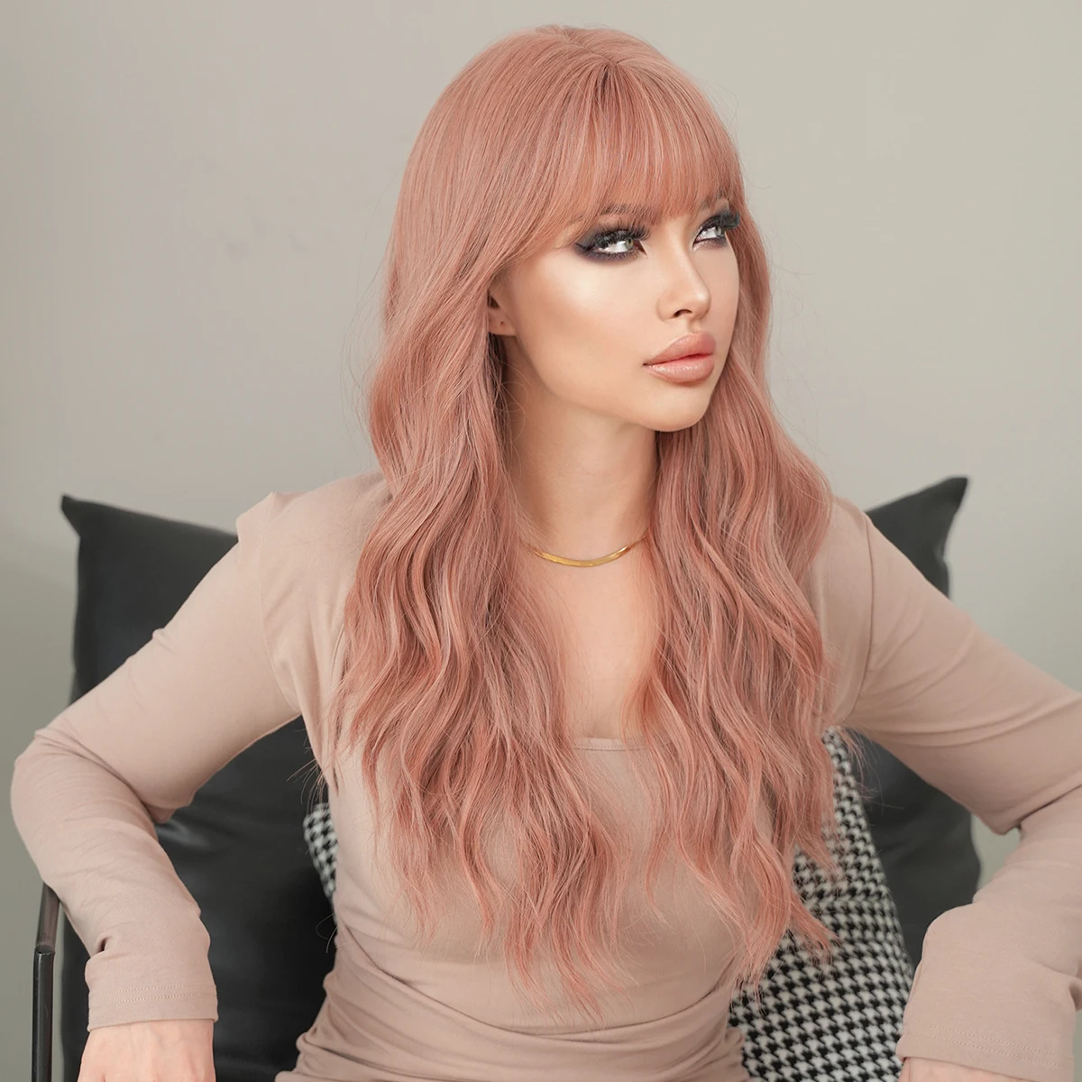 7JHH WIGS Costume Wig Long Loose Water Wave Pink Wig for Women Daily Party High Density Synthetic Layered Wavy Wigs with Bangs