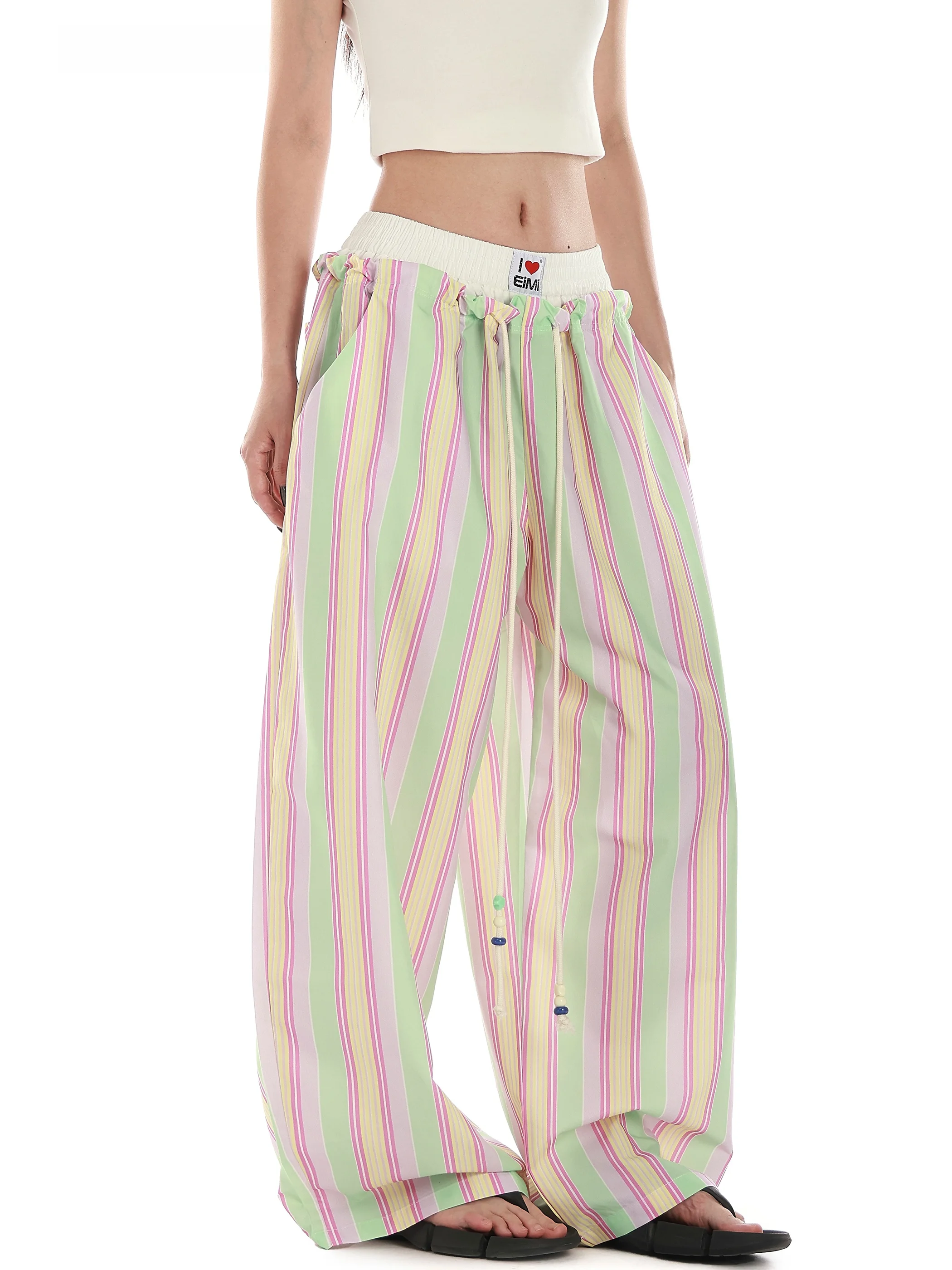 

VINMUK American Retro Striped Bead Splicing Wide Leg Casual Pants Women Summer Thin Walking Pants Loose Fit Straight...