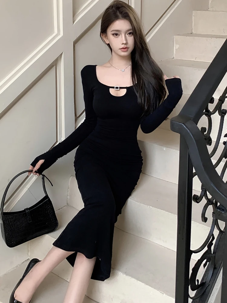 Herfst Winter Zwart Gebreide Holle Vierkante Kraag Sexy Jurk Vrouwen Elegante Luxe Lange Jurk 2025, Koreaanse Bodycon Feestjurk