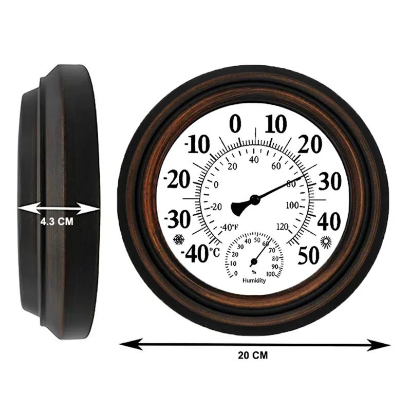 Termómetro antiguo para interiores y exteriores, higrómetro, medidor de temperatura y humedad, reloj de pared, termómetro para decoración del hogar, fácil de usar, 20Cm