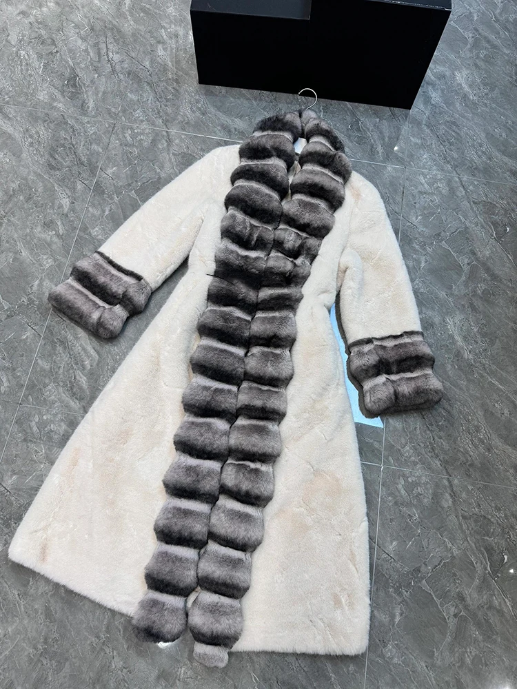 

Зимнее длинное пальто с отложным воротником из искусственного меха, женская куртка с большим меховым воротником, теплая толстая верхняя одежда, женское пальто из овчины с длинными рукавами