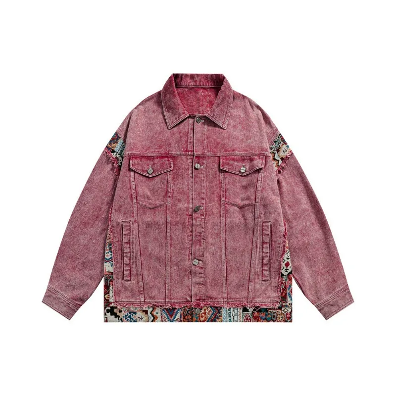 

KIDWHXR Man Denim Coat Vintage Punk Patchwork Long Sleeve Pocket Male Jacket Single-breasted Washed Loose Casual Men Outerwear