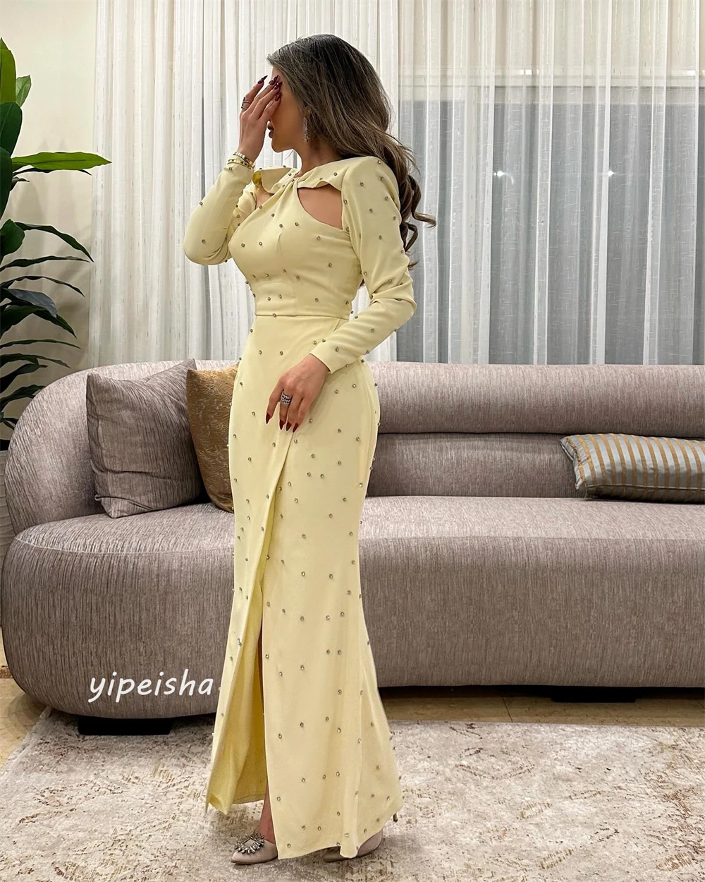 Robe Mi-Longue Drapée à Plis en Jersey et Perles Personnalisées, Tenue d'Anniversaire à Col Rond pour Occasions sur Mesure