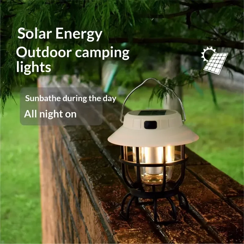 Portable Solar LED Camping Lantern Retro Style Outdoor Multifunctional Light Long Battery Life Ambient Lamp for Hiking Tent