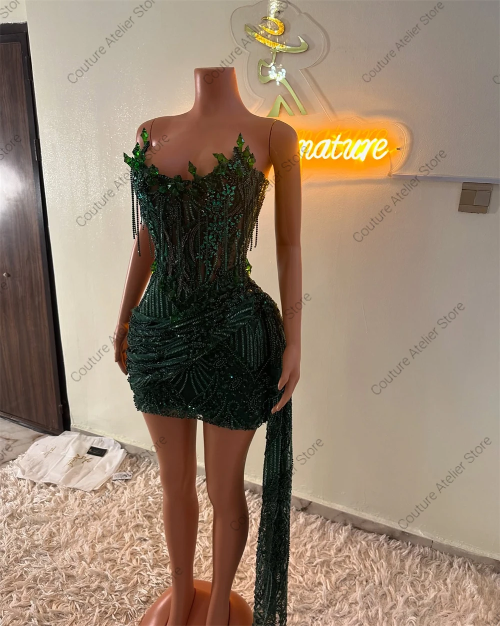 Dark Green Crystal Beading Homecoming Prom Dress Mermaid Mini Cocktail Gown Birthday Dress Luxury 2025 Blackgirl Customized image 4