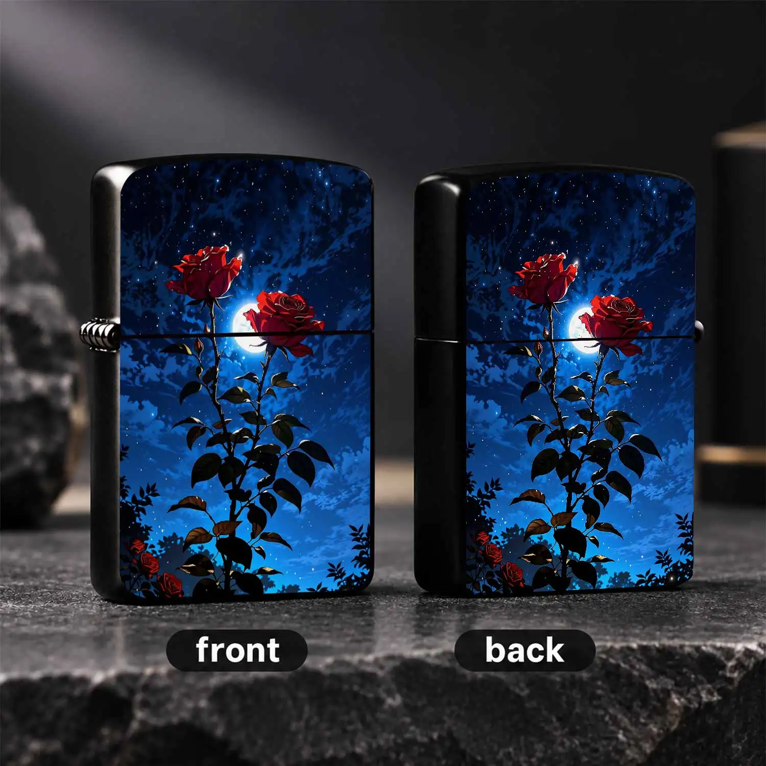 Moonlit Red Rose Portable Lighter Stunning Starry Night Full Moon Pattern Artistic Decor Accessory Ideal For Daily Multi-Scene Use Exquisite Sentimental Gift For Loved Ones Unique Stylish Desktop Ornament To Add Romanti A Humorous And Inter