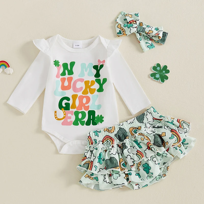 St Patrick s Day Toddler Girl Green Shamrock Print Long Sleeve Romper Ruffles Shorts Headband 3-Piece Outfit Set