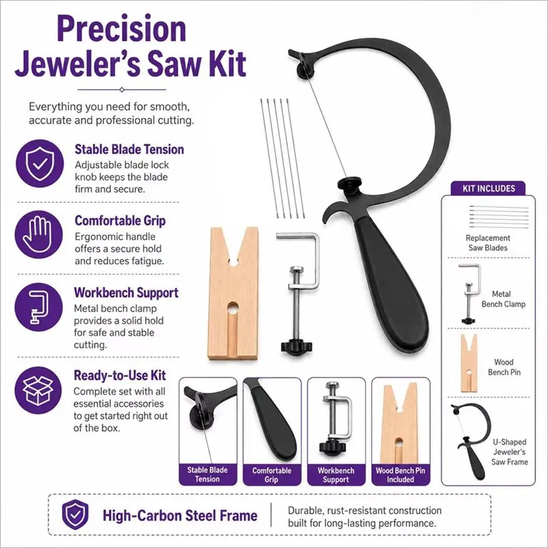 AAAN-Jewelry Saw Frame Kit Saw Wooden Bench Pin Clamp For Gold Silver Wax Wood Cutting