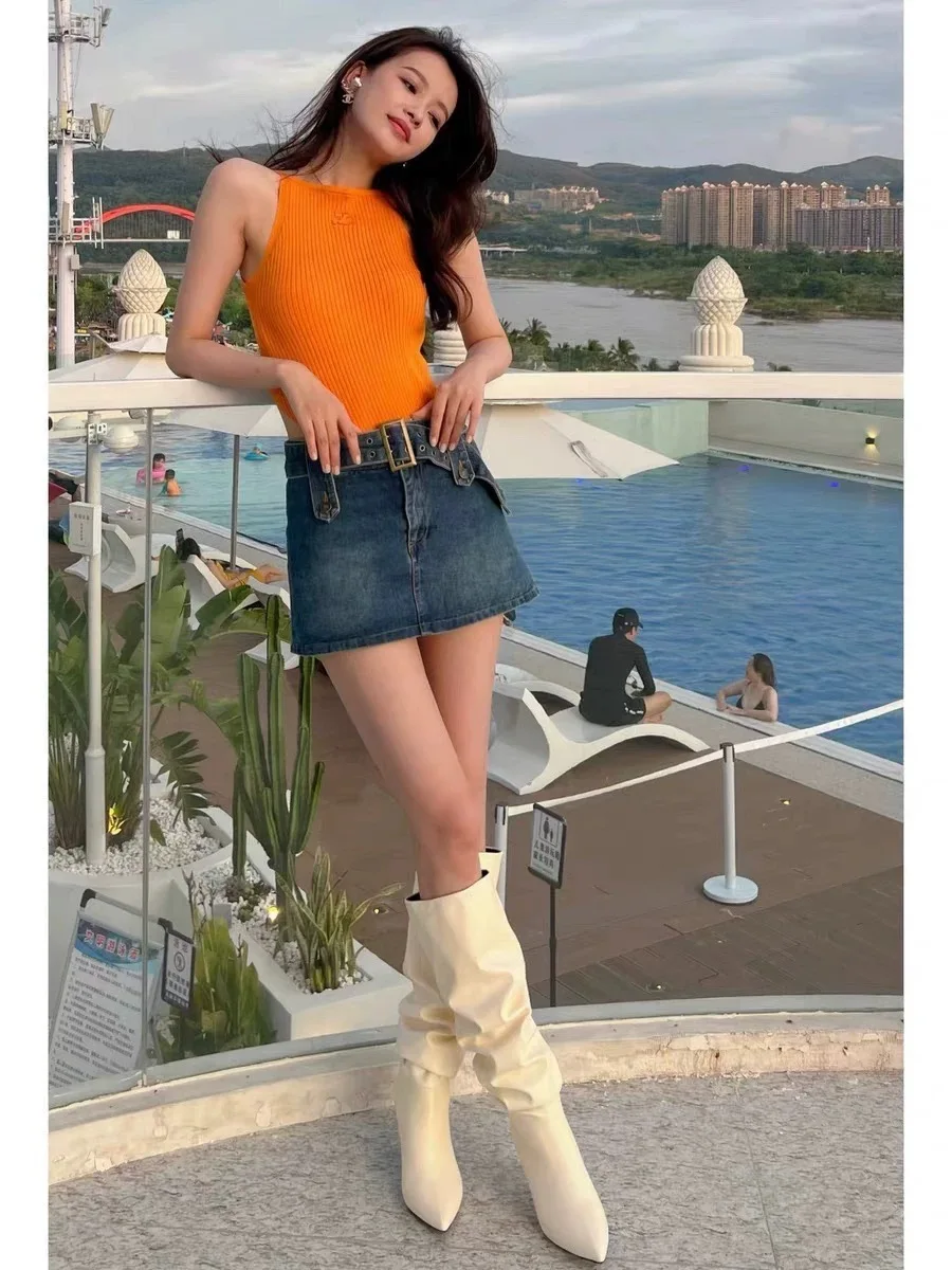 

Slim Fit Irregular Knitted Strap Vest Women's Hot Girl Sle Pure Desire Sexy ort Sve Top Casual Streetwear Outerwear