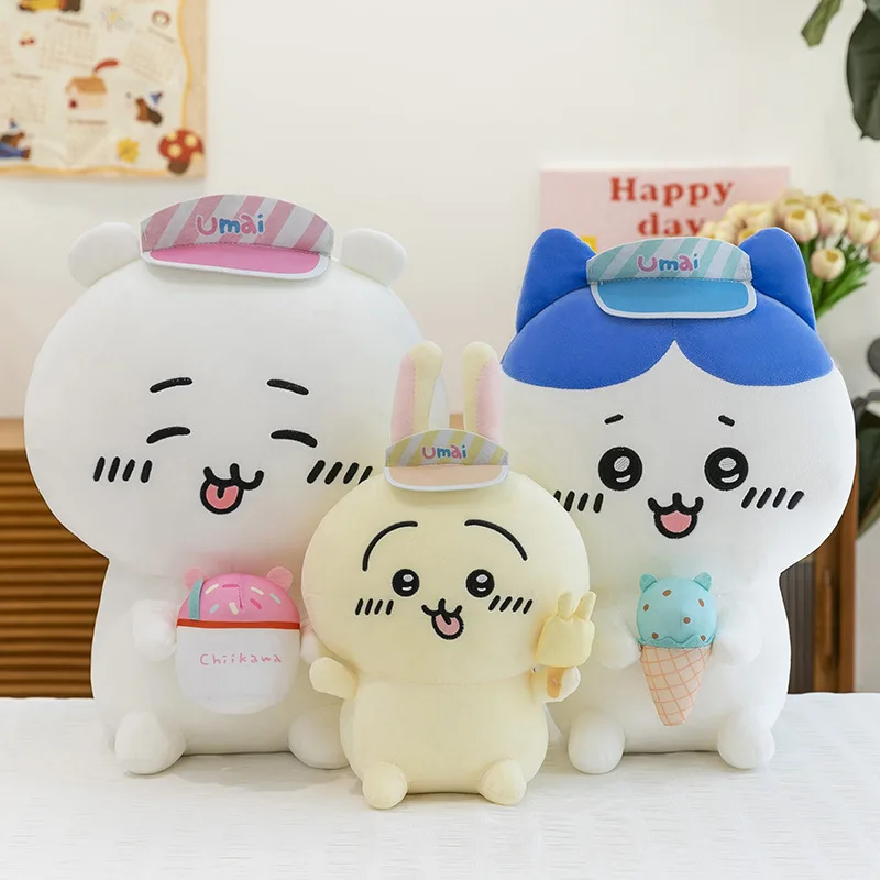 ちいかわアイスクリームぬいぐるみサンバイザー付きキュートなうさぎハチワレソフトぬいぐるみ可愛いアニメぬいぐるみ子供の誕生日プレゼント