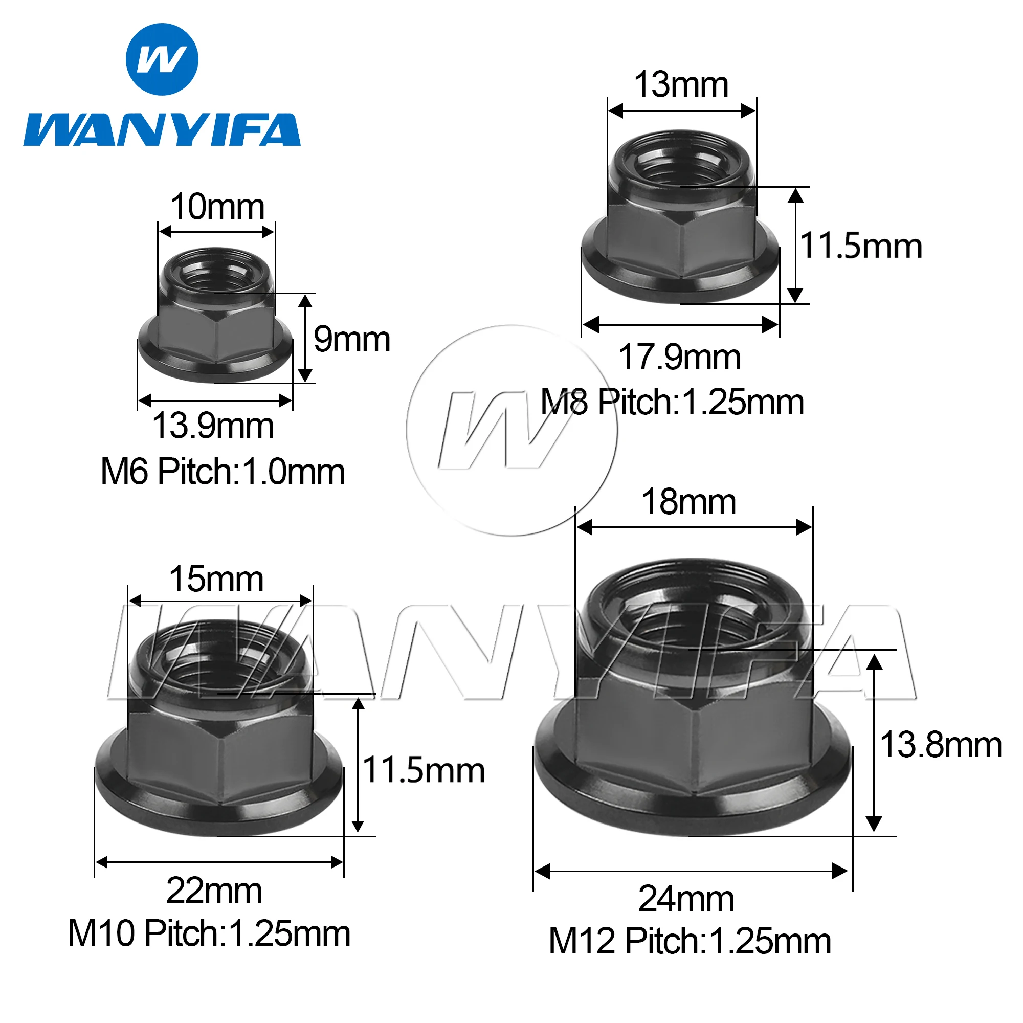 Wanyifa 6pcs Titanium Nuts M6 M8 M10 M12 Flange Hexagon Hex Head Metal Lock Nuts Ti Anti-skid Lock Nut for Motor Bicycle RC Car