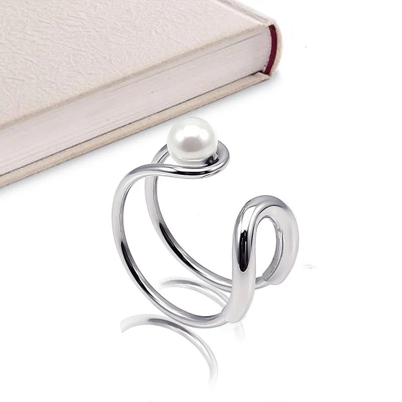 Classic Paper Clip Pearl Rings for Women Simple Stylish Stainless Steel Rings Silver color bagues pour femme adjustable size