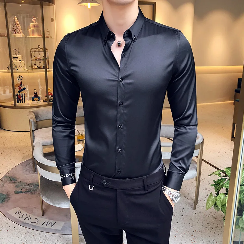 Neckline Embroidery Shirts Men New Long Sleeve Slim Fit Casual Shirt Solid Color Formal Social Business Dress Shirt Streetwear