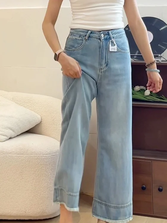 Hellblaue Jeans mit hoher Taille, lockerem, geradem Bein, Damen-Jeans in Übergröße, weites Bein, Jeans mit zerrissenem Saum, Sli, vielseitige Jeans