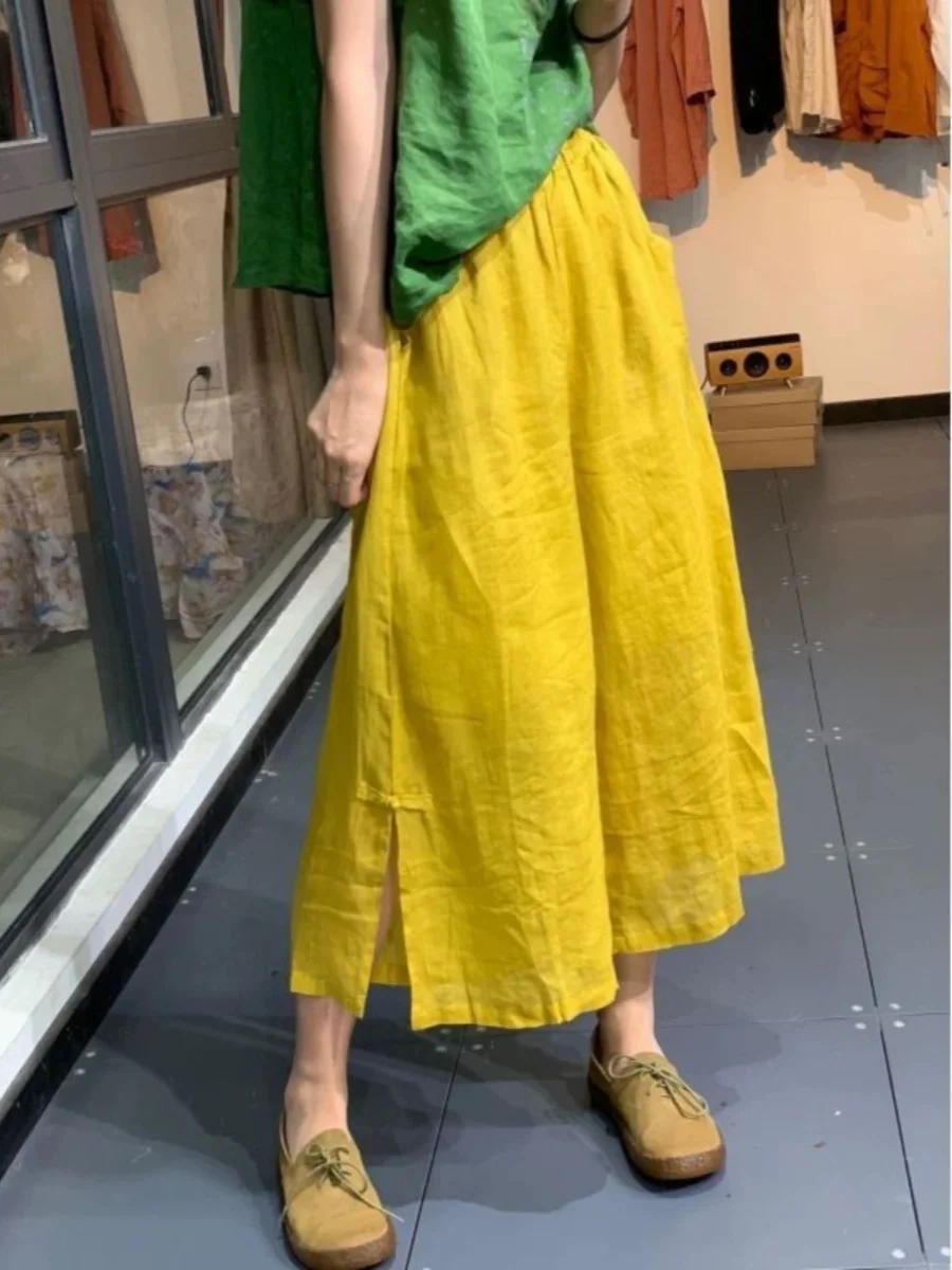 New Chinese Sle Wide Leg Pants Women's Summer Casual Vintage Cotton Linen Split High Waist Nine Points Skirt Pants