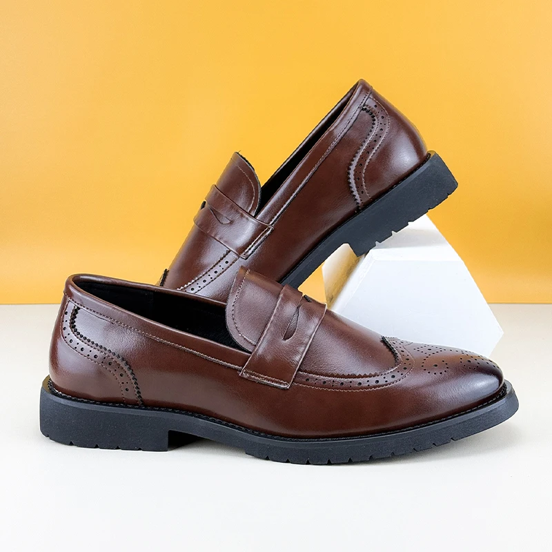 

Brogue Slip on Loafers Men's Shoes Fashion Designer Elegant Gentleman Business Footwear Social Wedding Soft Comfortable Brown