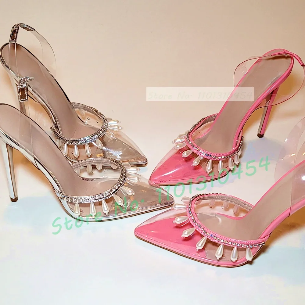 Pearl Chain Elegant PVC Sandals Women Pointy Toe Clear Back Strap High Heels Shoes Ladies Crystal Wrap See-through Casual Pumps