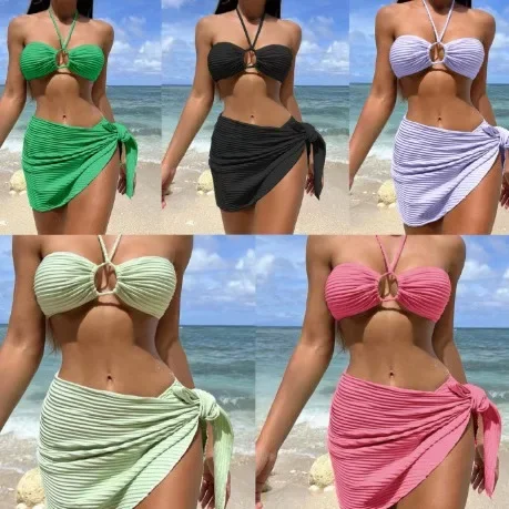

European and American sexy bikini three-piece swimsuit women's neck solid color swimsuit beach vacation swimsuit