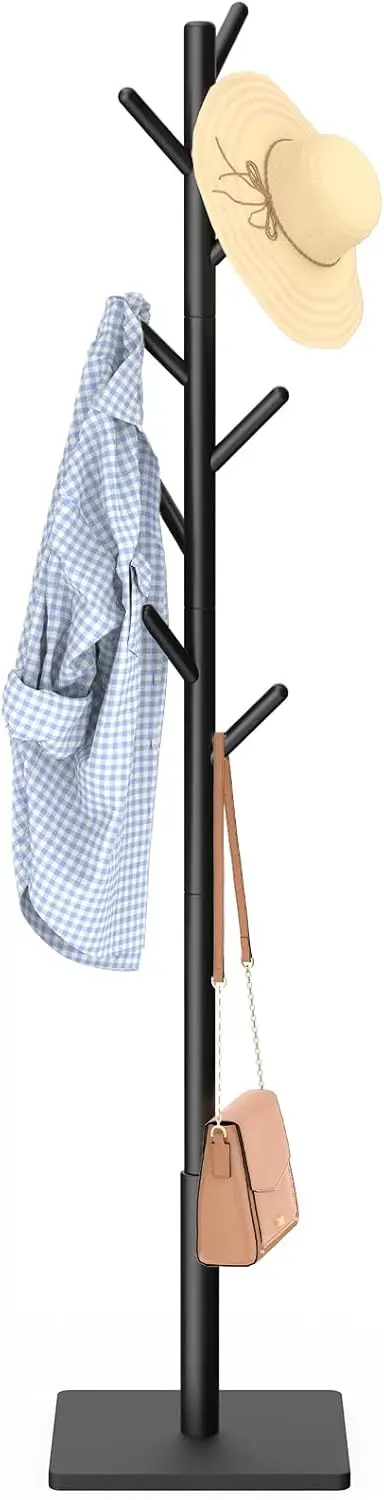 

Sturdy Freestanding Coat Rack with Square Base, 3 Adjustable Sizes & 8 Hooks for Bedroom, Office, Entryway - Easy Assembly Black