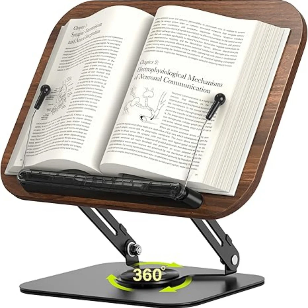 Book Stand For Reading Adjustable Book Holder With 360°Rotating Bases Magazines Stand Recipe Book Holder With Elastic Page Clips