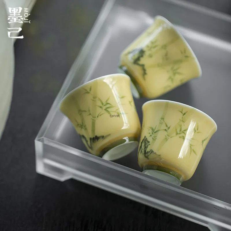 

Mojiyue Желтая бамбуковая чашка для чая с ручной росписью и каменным краем, чайный сервиз для кунг-фу, керамическая маленькая чашка для чая для домашнего использования, маленькая чашка для одной чашки