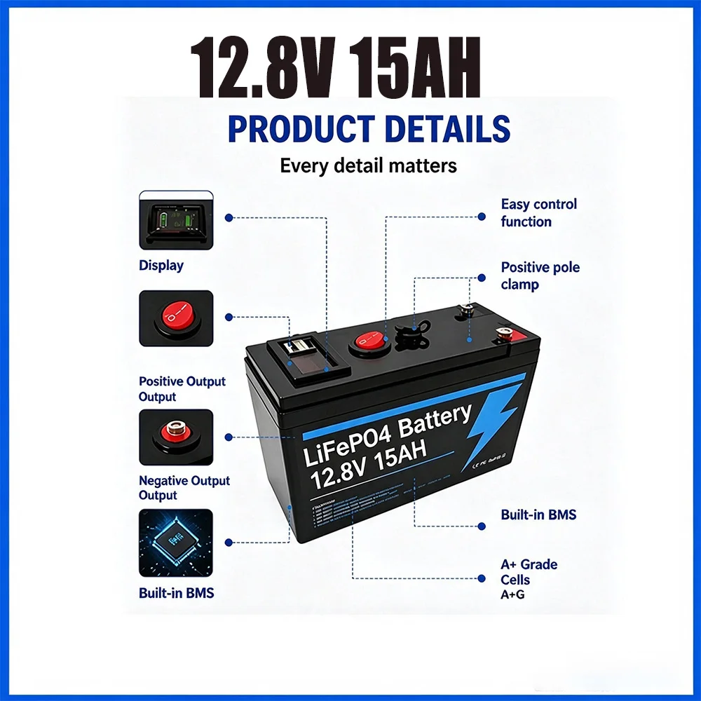 Humsienk LiFePO4 Lithium Battery 12V 15AH BMS 30A 192Wh For RV/Vans/Trolling Motor/Off-grid/Camping/2-Year Warranty/UL 1973