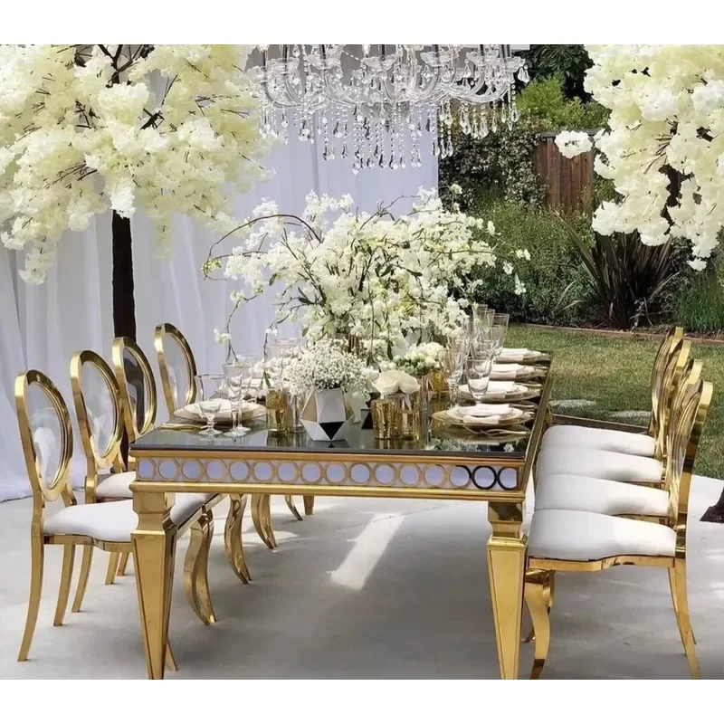 Modern Rectangle Wedding Event Table Stainless Steel Gold Frame Banquet Mirror Glass Top Wedding Table