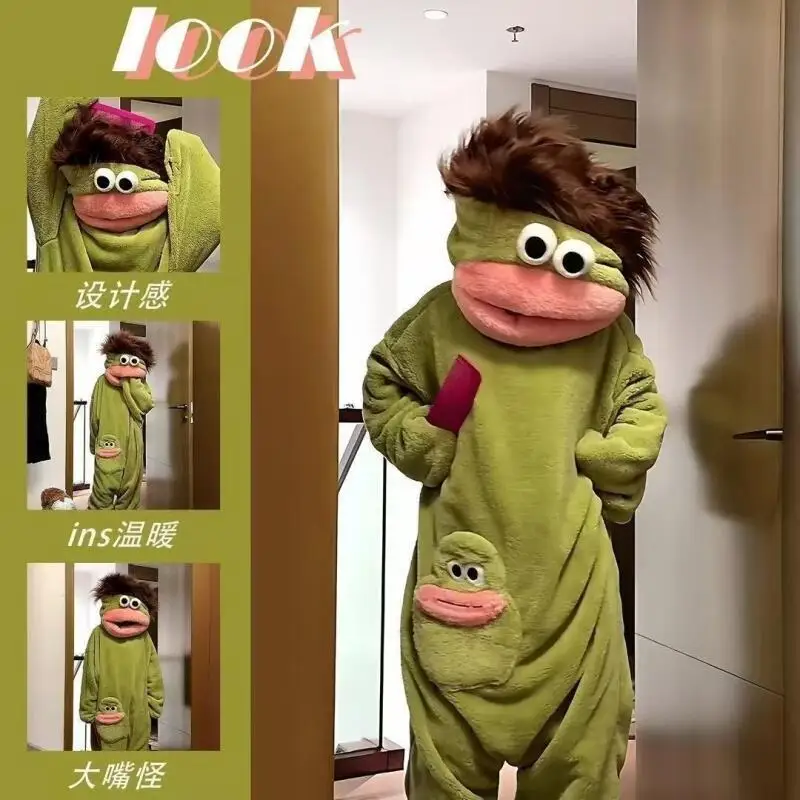 Couple Set Autumn Winter Cartoon Wacky Big Mouth Monster Bodysuit Girl Fleece-Lined Thicken Keep Warm Homewear Festival Gift