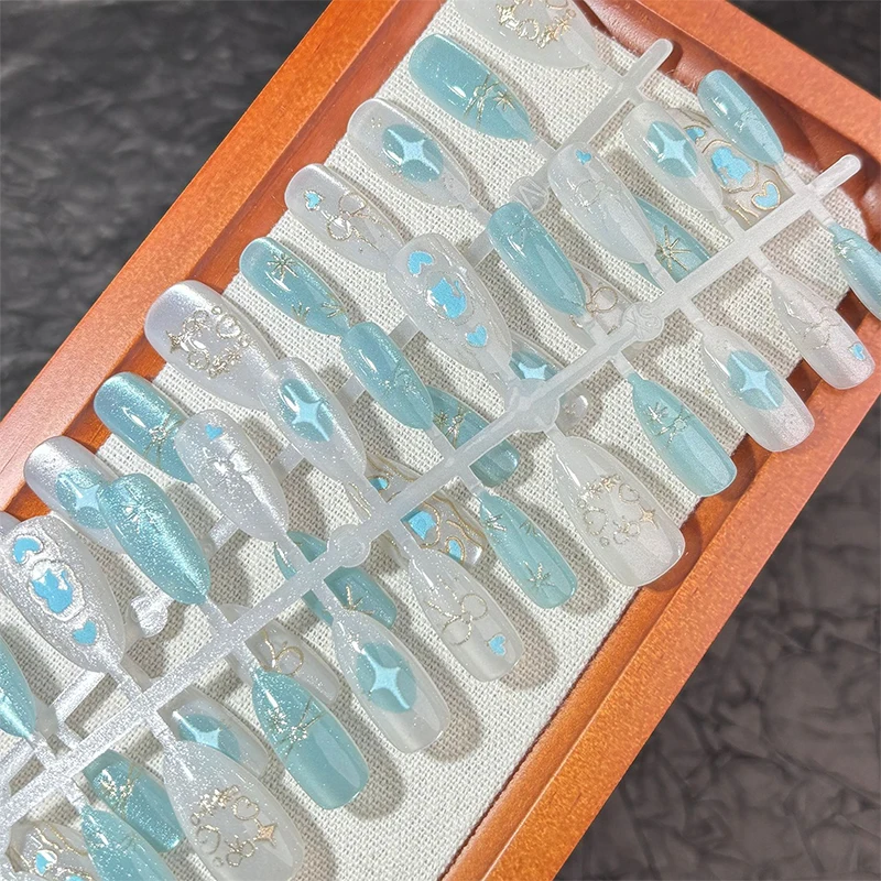 10/30 Peças de Unhas Falsas Ovais com Design de Estrela, Unhas Falsas de Cobertura Total, Unhas Adesivas com Glitter Aurora