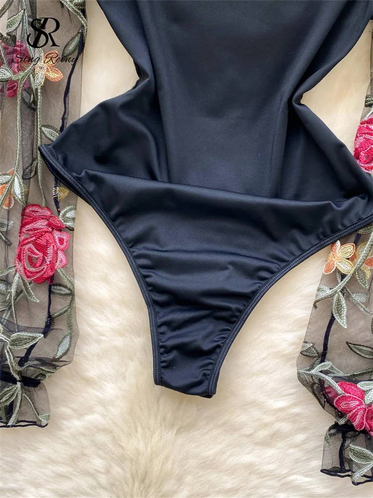 SINGREINY Vintage Embroidery Gauze Sexy Bodysuits Stand Collar Long Sleeve Playsuits Fashion Spliced Women Open crotch Rompers - Image 3