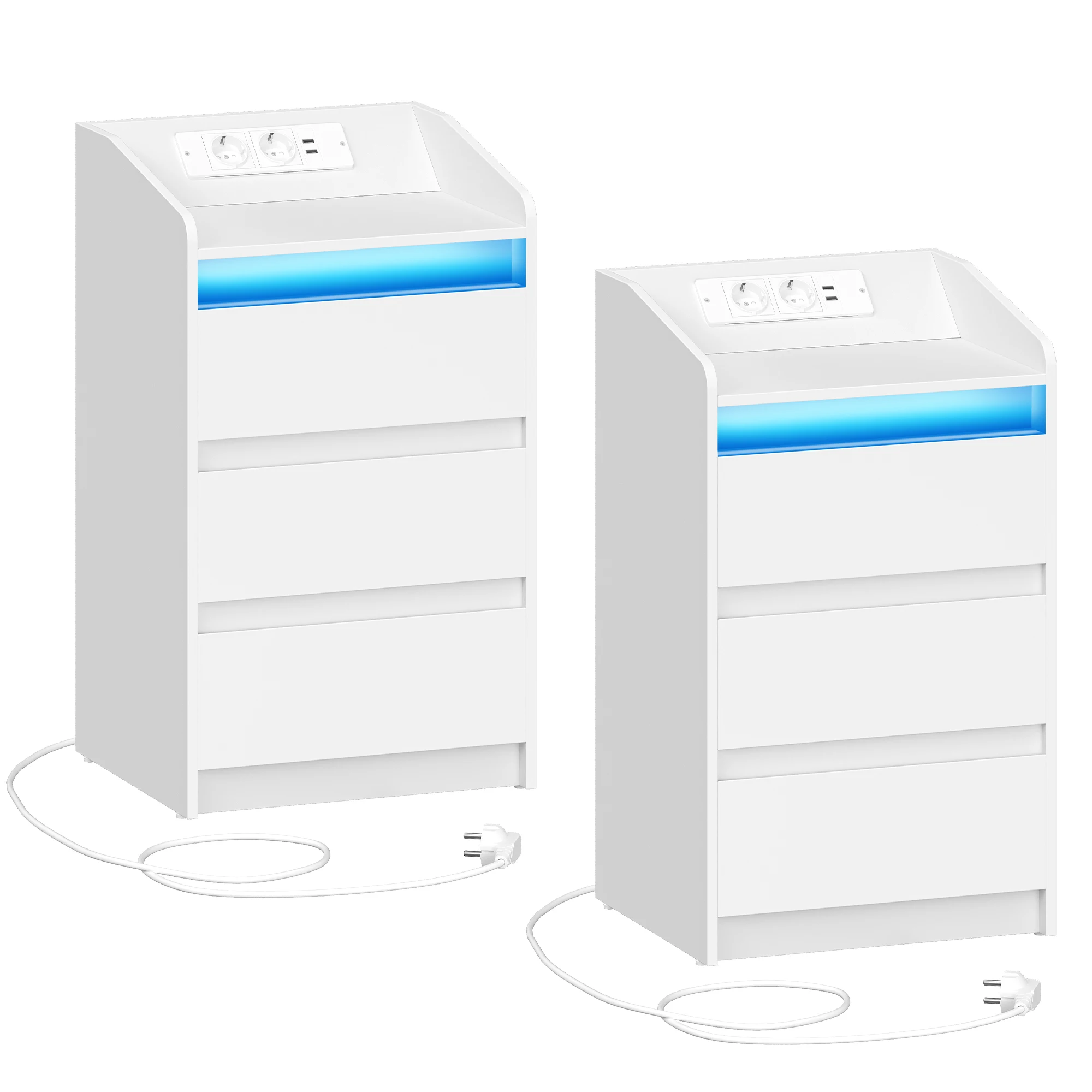 Nachtkastjes set van 2 met 3 laden, bijzettafel met oplaadstation en LED, 2 AC- en 2 USB-poorten voor de slaapkamer, wit