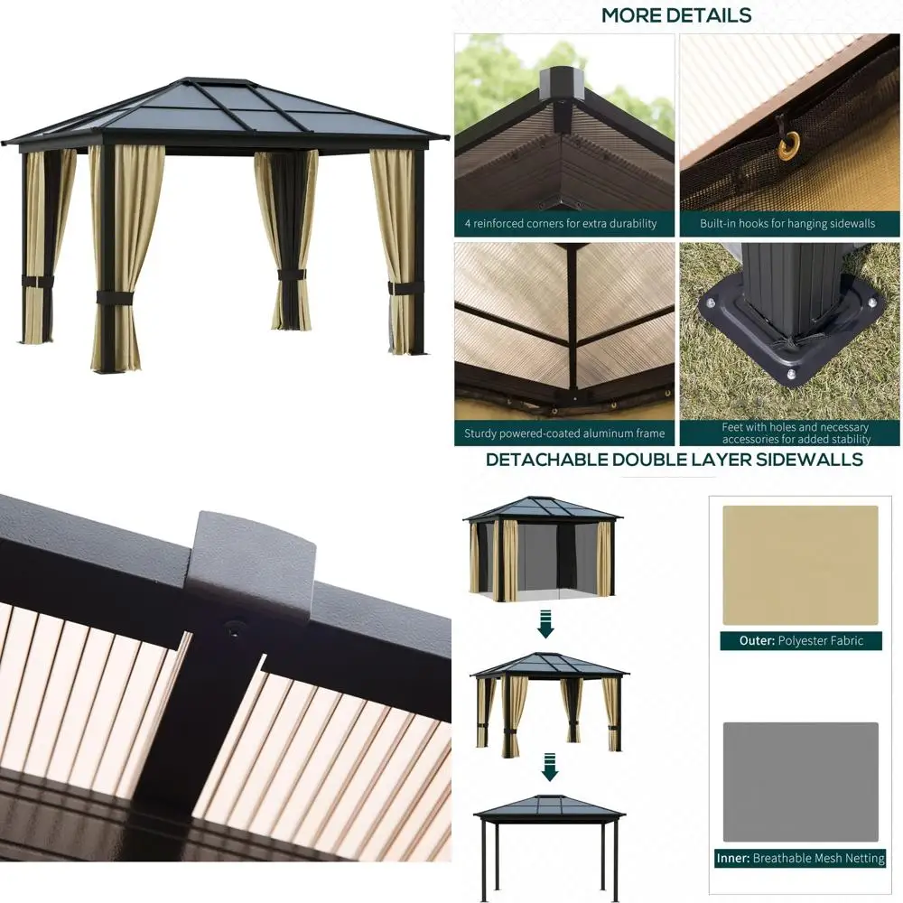 

Permanent Outdoor Pavilion with Aluminum Frame, Polycarbonate Roof, and Netting, 10' x 12' Hardtop Gazebo Canopy
