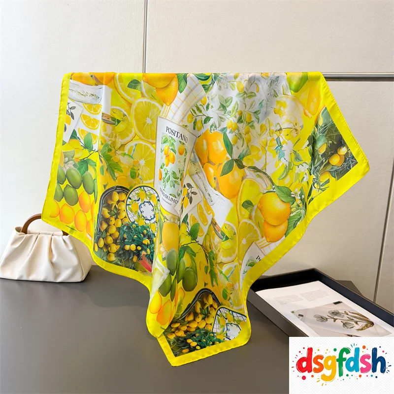 

70*70cm Lemon Print Hijab Silk Square Scarfs Women Headscarf Soft Satin Neckerchief Fashion Kerchief Female Foulard Bandana Surprise Gift