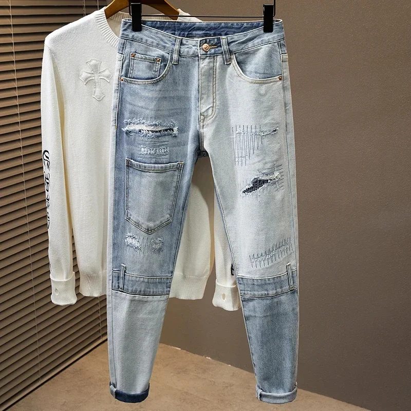 Pantalones vaqueros ajustados de moda coreana para hombre, pantalones de Hip-hop con empalme de bolsillo azul claro, ropa de calle personalizada, pantalones vaqueros elásticos