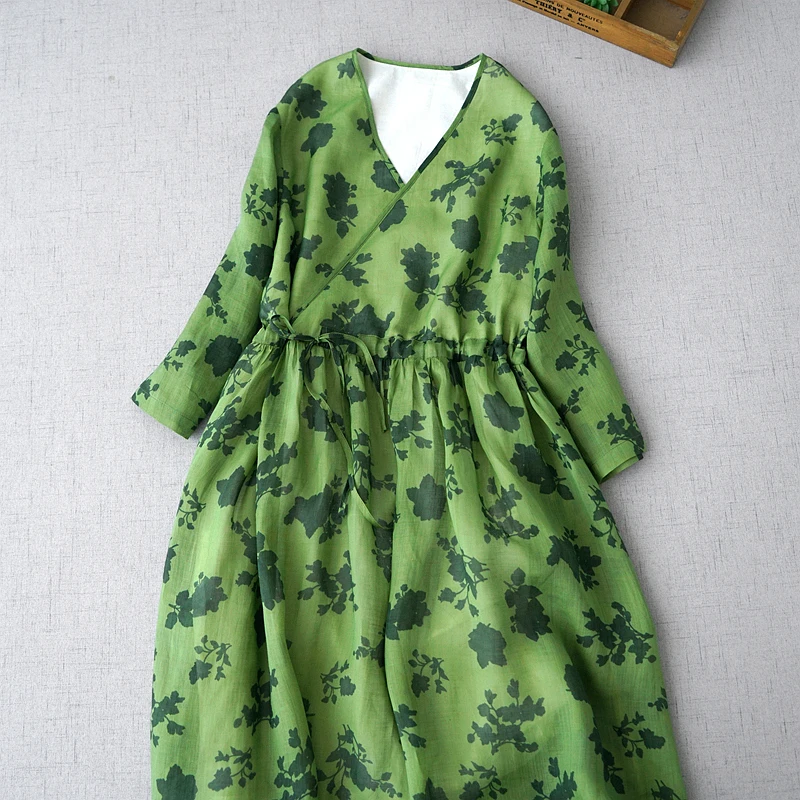 

98cm Bust Summer New Women Brief Loose Plus Size Green Print Comfortable Water Washed Thin Ramie Dresses