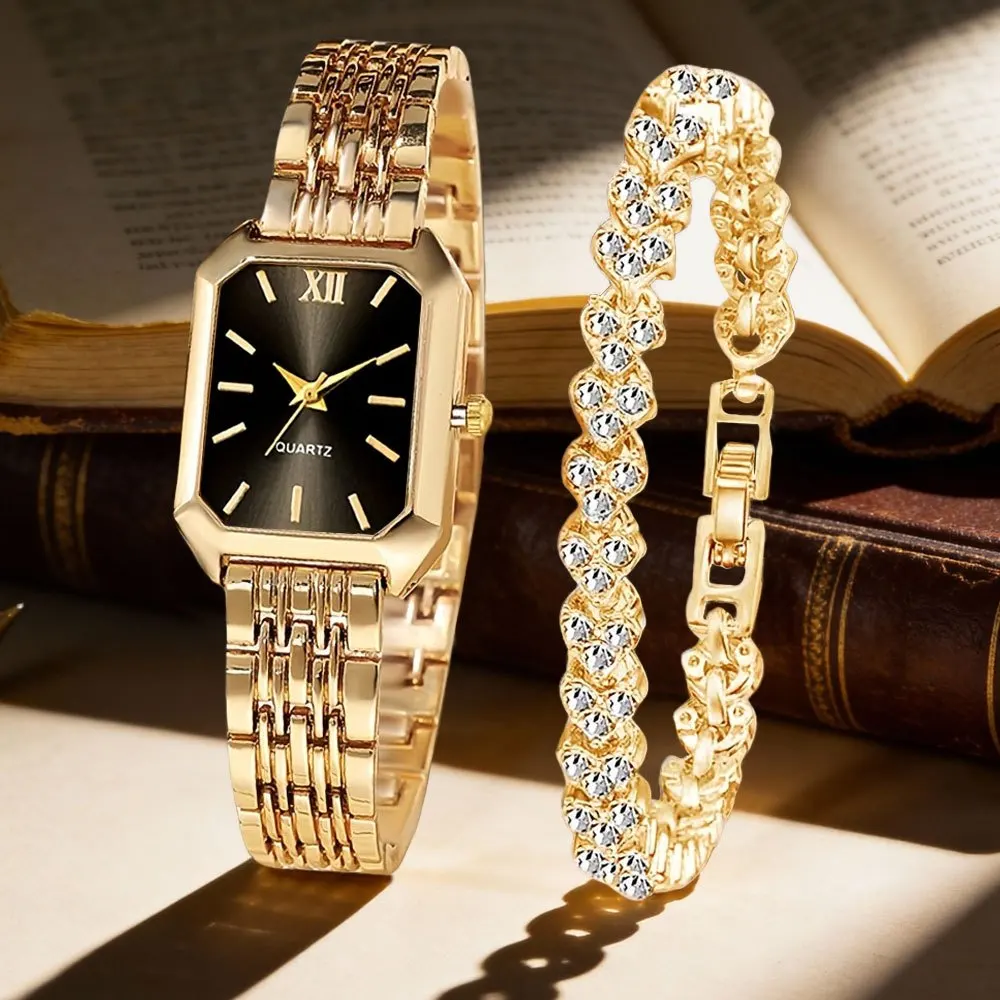 Women's Fashion Retro Watch 2-piece Set - Luxury Heart shaped Chain Design Quartz Watch, Classic Pointer Style Watch