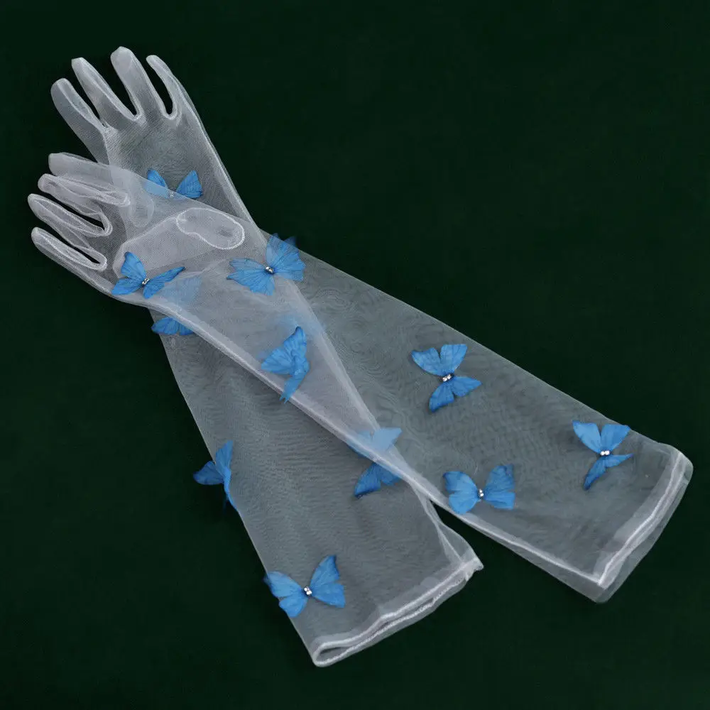 Elegant Blue Butterfly Gloves Ultra-Thin Bridal Accessory for Summer Photography Props Fairy-Tale Wedding Dress Complement